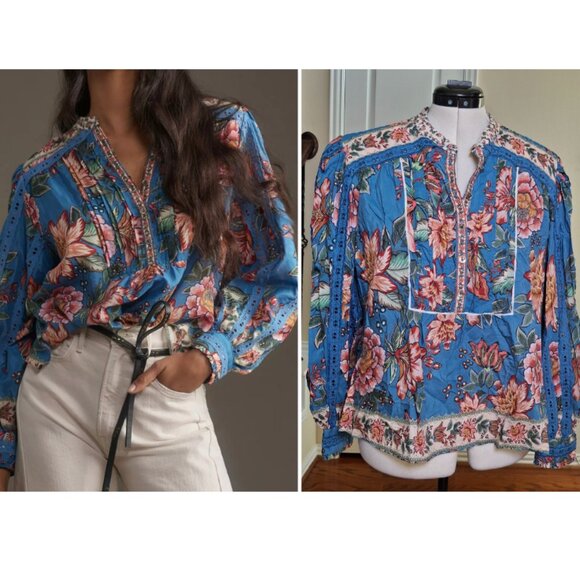 Farm Rio Wonderful Bouquet Blouse Top XL Blue Floral Boho Eyelet Lace Preppy - Picture 1 of 17